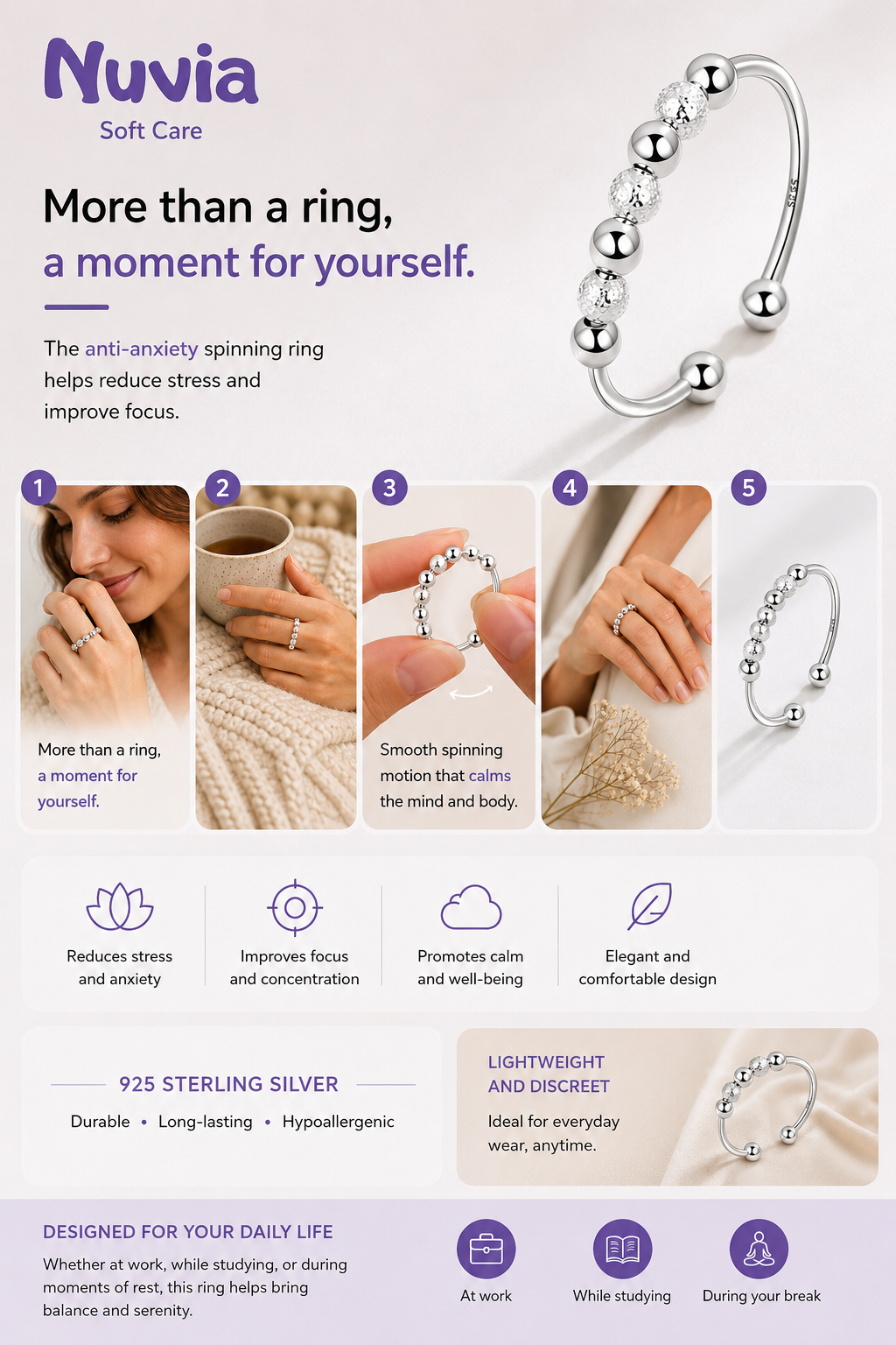 S925 Sterling Silver Anti-Anxiety Ring – Elegance, Calm & Balance
