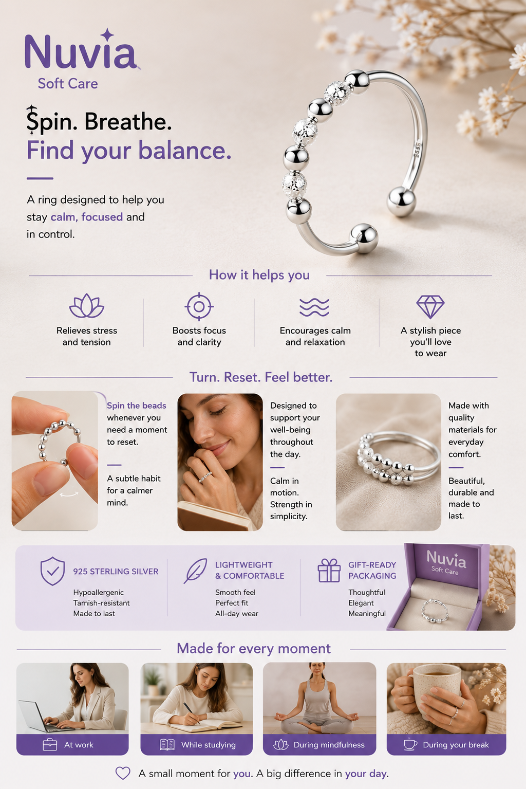 S925 Sterling Silver Anti-Anxiety Ring – Elegance, Calm & Balance